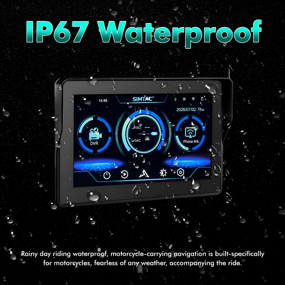 Simtac IP67 waterproof motorcycle navigation screen shown against a dark water-droplet background with large 'IP67 Waterproof' text and a descriptive marketing caption.