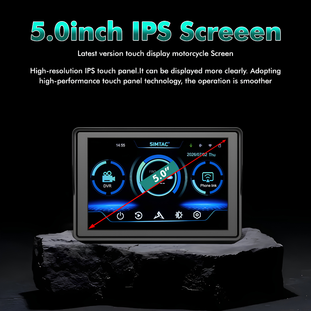 A 5.0-inch IPS touch display motorcycle screen shown on a dark rock against a black background, with promotional text above describing the high-resolution touch panel.