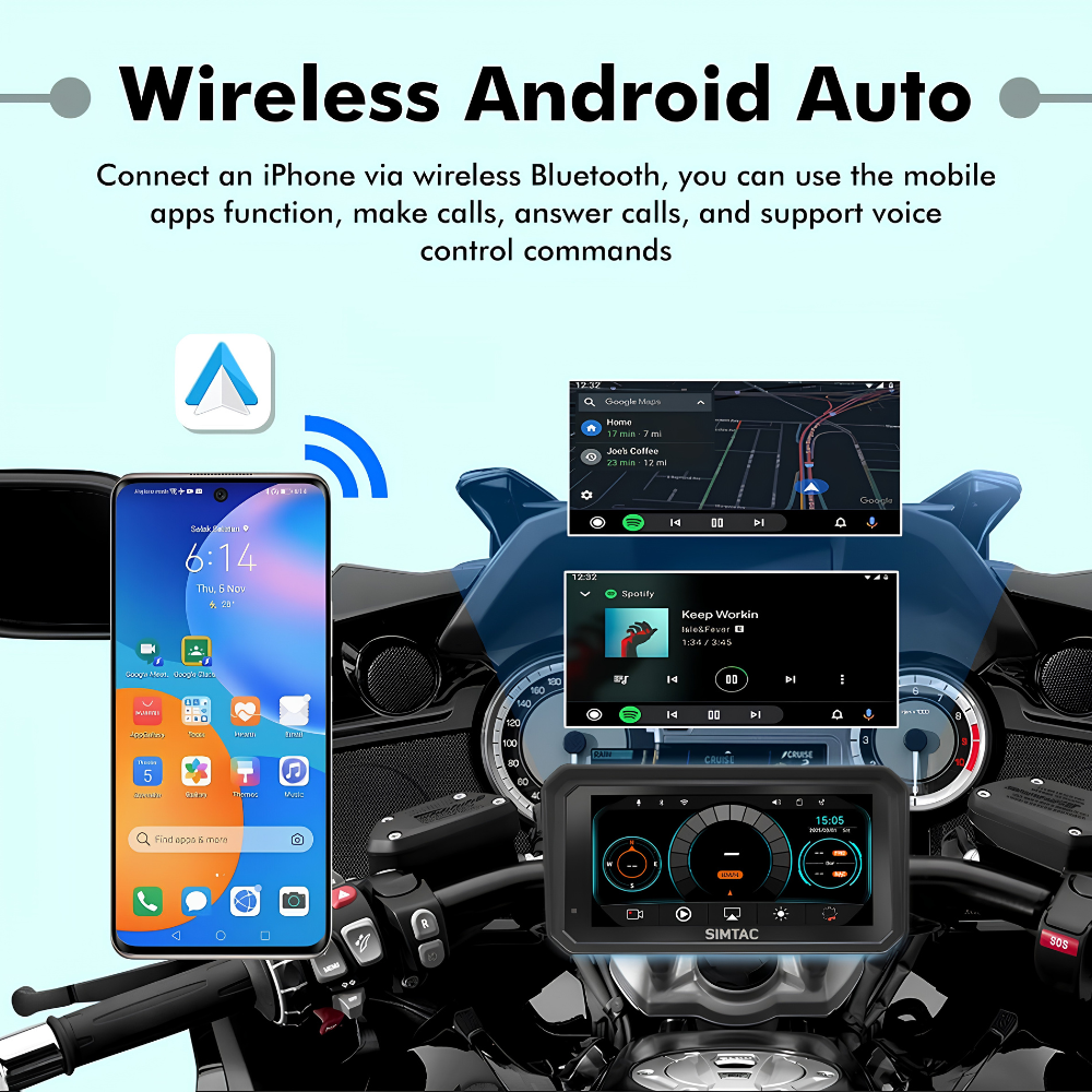 Wireless Android Auto system on a motorcycle with smartphone and screen display.