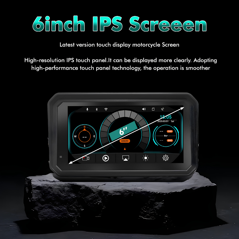 A rugged black motorcycle dashboard display screen with a 6-inch IPS touch display, shown resting on a dark rock against a black background with promotional text.