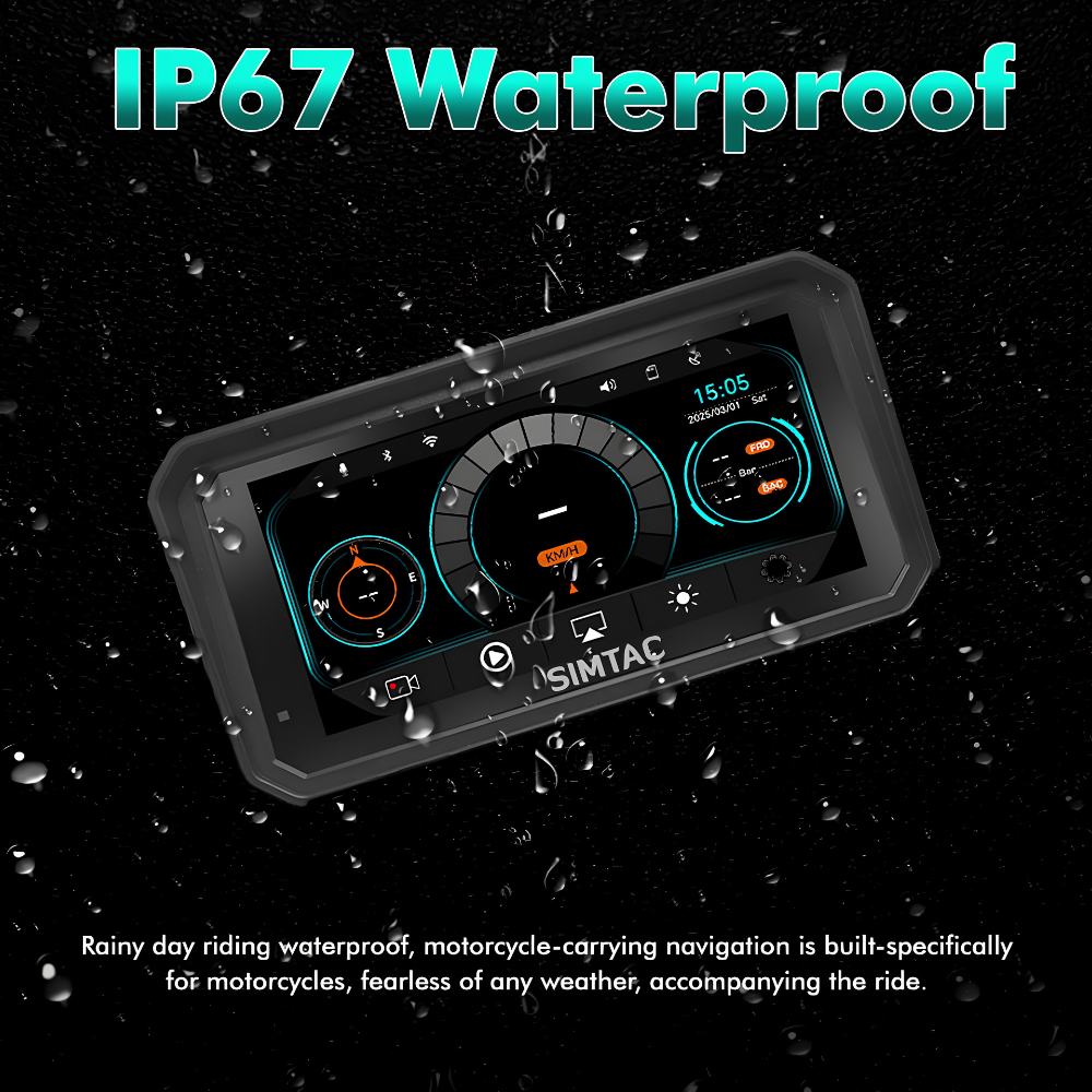 A SIMTAC motorcycle navigation display inside a rugged waterproof housing, shown at an angle on a dark background with water droplets and the text 'IP67 Waterproof' and a descriptive marketing blurb.