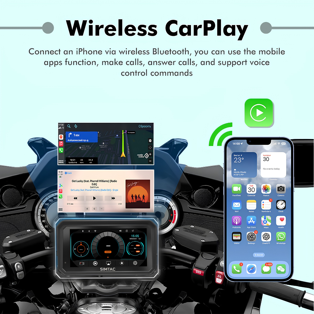 Simtac M8DT wireless Android Auto and Apple CarPlay interface on motorcycle display