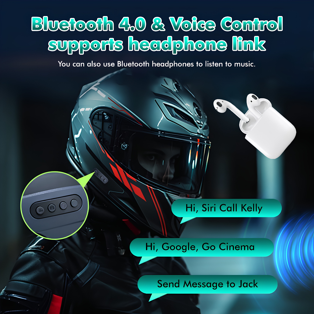 A promotional graphic for a motorcycle helmet with a built-in Bluetooth headset control panel shown in a circular inset, alongside floating white wireless earbuds in a charging case and text stating Bluetooth 4.0 & Voice Control supports headphone link, plus example voice and message prompts.