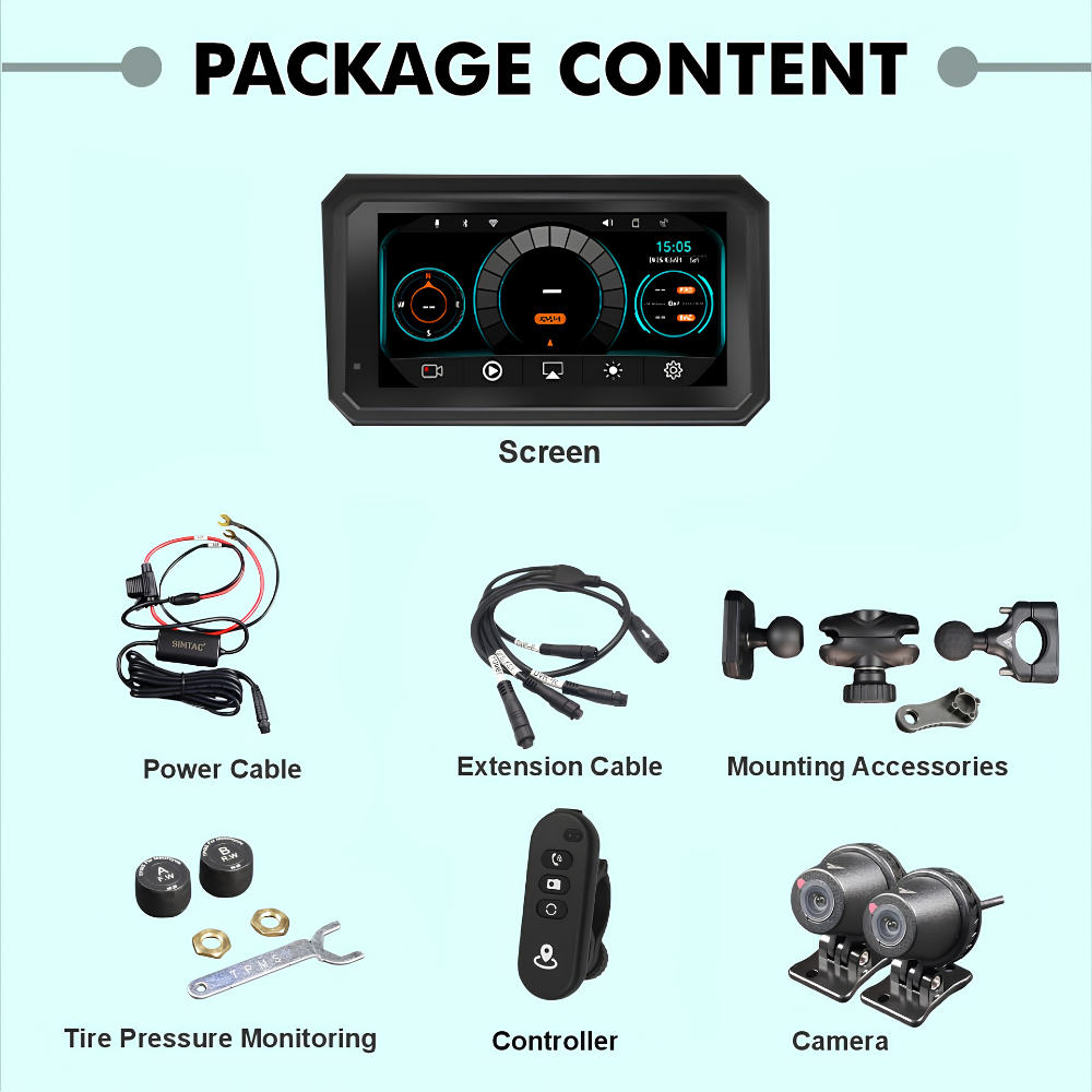 Package content infographic showing a car dashboard screen and included accessories: power cable, extension cable, mounting accessories, tire pressure monitoring components, controller, and camera, on a light blue background with the heading 'PACKAGE CONTENT'.