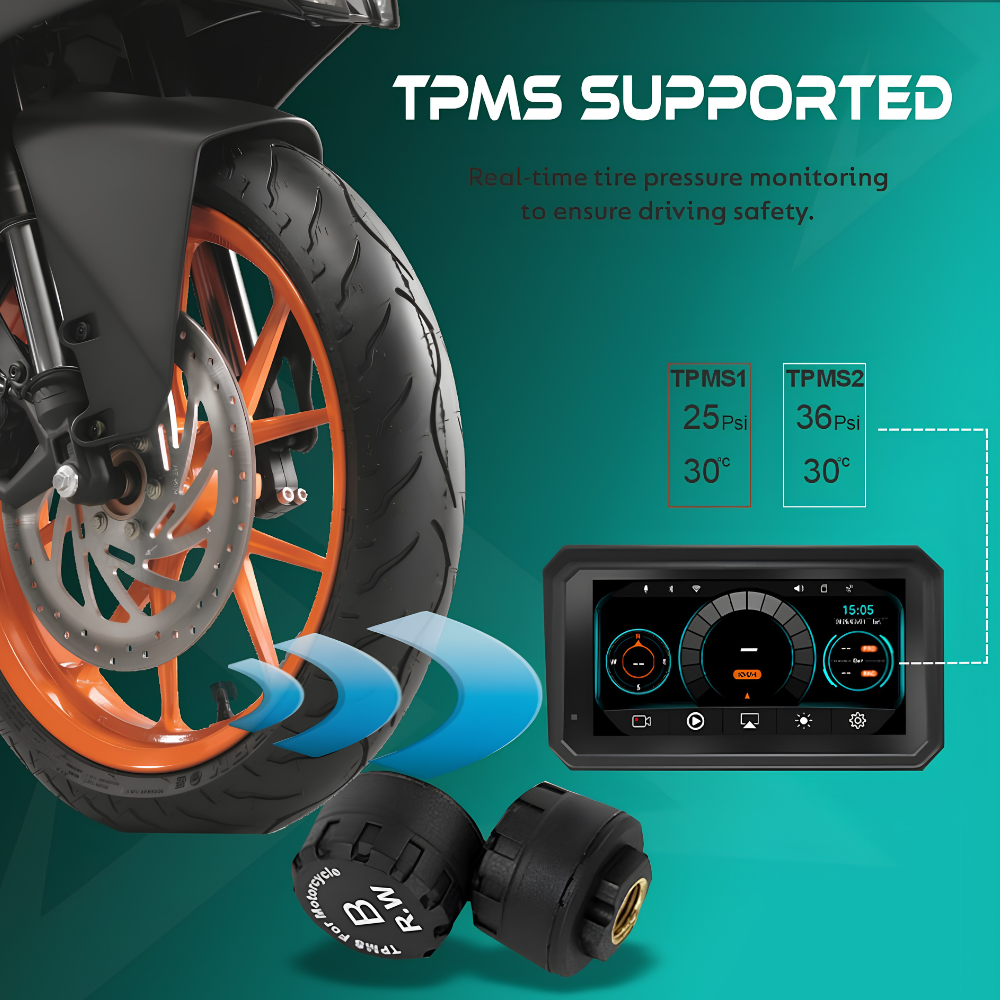TPMS tire pressure monitoring system shown with a motorcycle wheel, a digital dashboard display, and two black tire pressure sensors on a teal background. Text reads 'TPMS SUPPORTED' with TPMS1 and TPMS2 pressure readings.