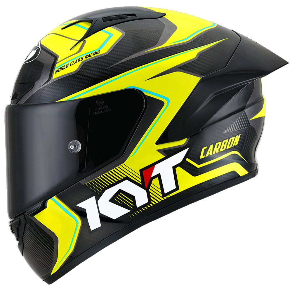 Black and yellow motorcycle helmet with Kyt branding on a white background