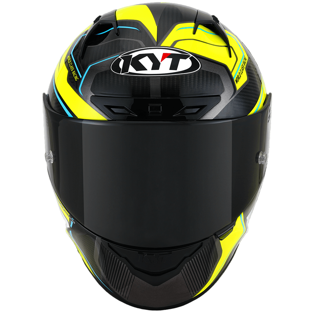 Black and yellow motorcycle helmet with KYT logo on a white background