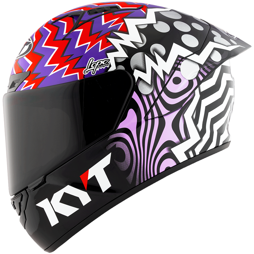Colorful motorcycle helmet with geometric patterns on a white background