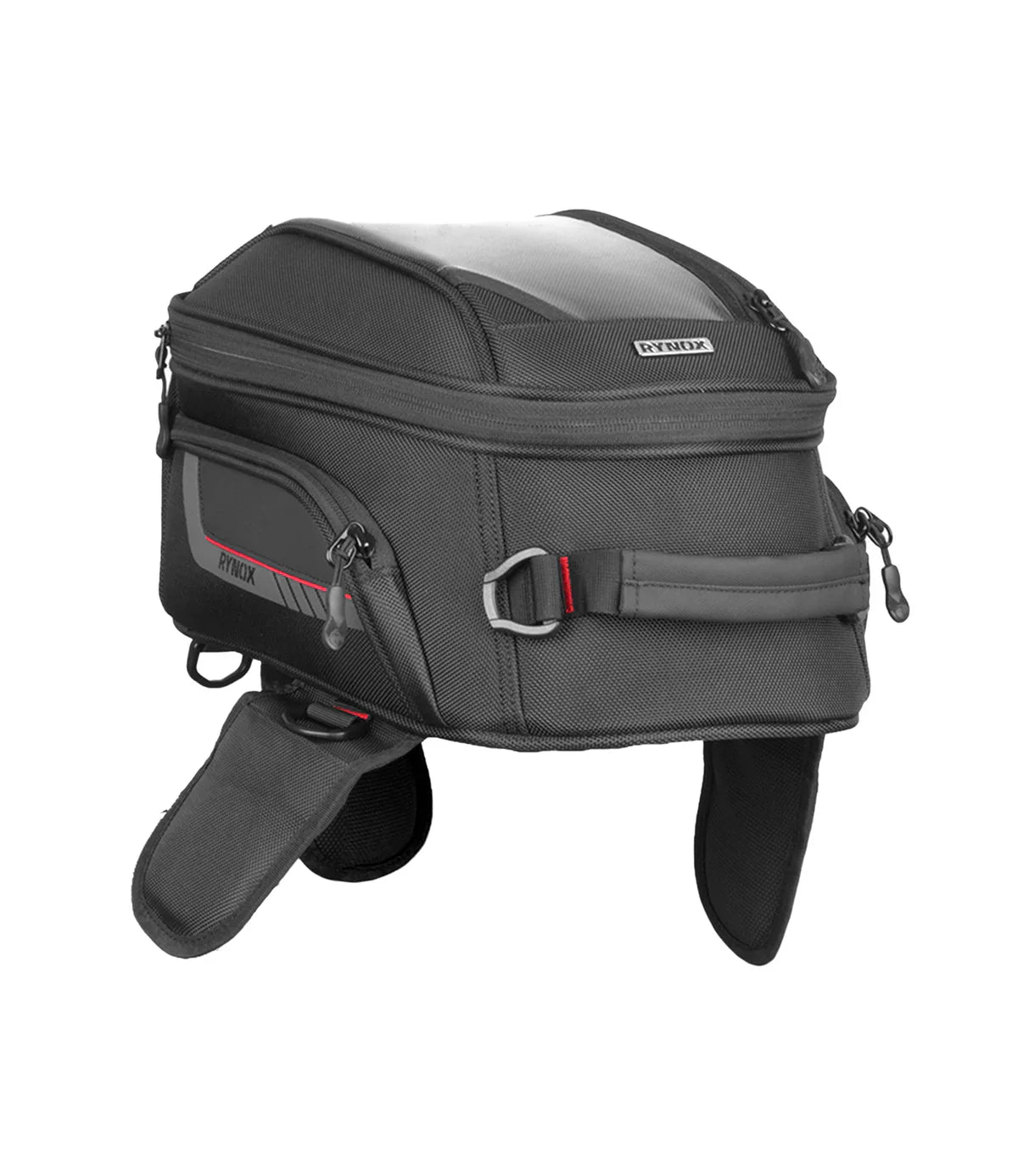 Gray motorcycle saddlebag with a visible brand logo on a white background