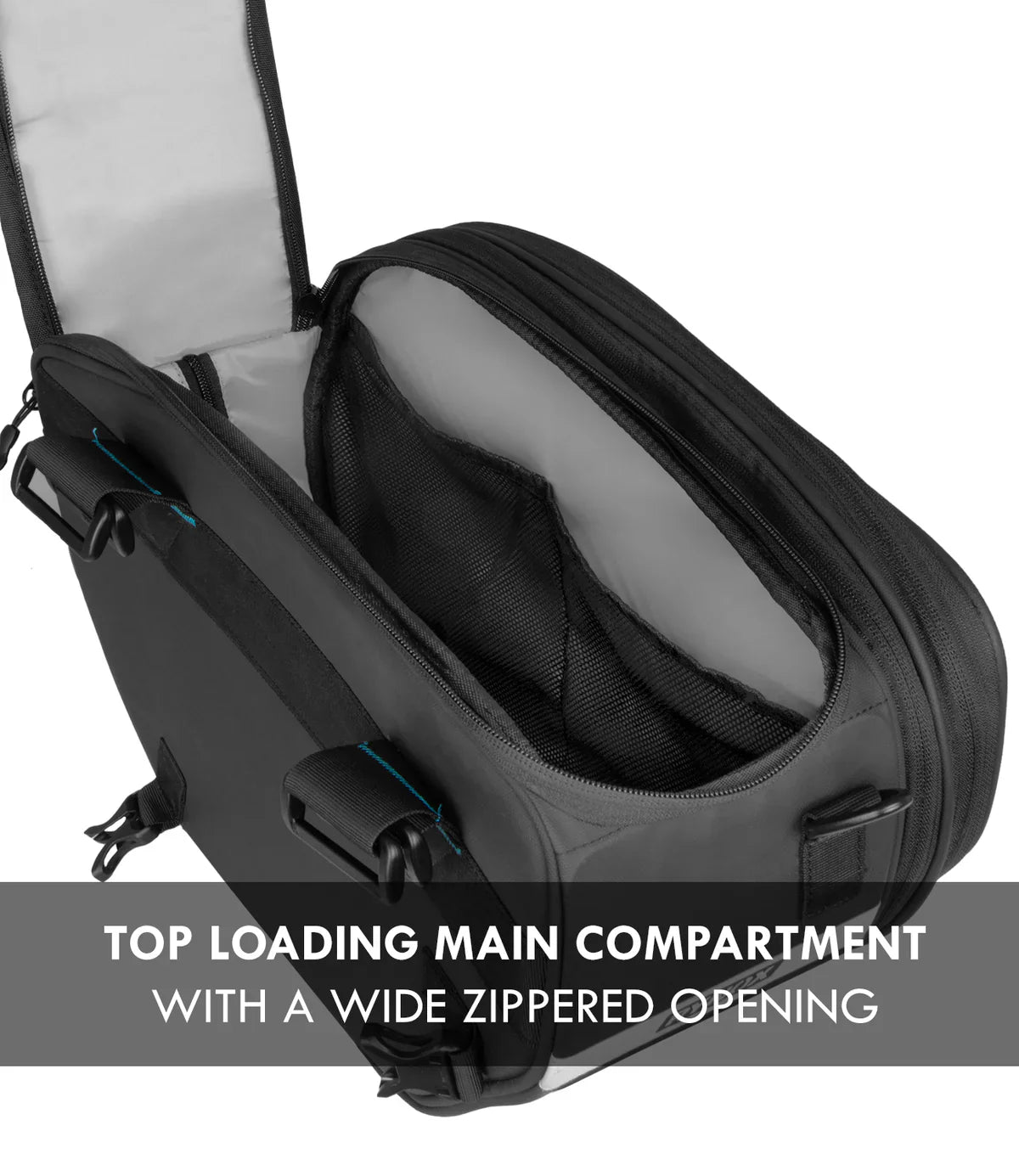 Black backpack with top loading main compartment and wide zipped opening on a white background.