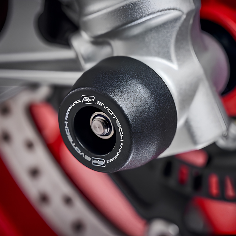 Evotech spindle bobbin crash protection installed on Aprilia RS 660 front fork