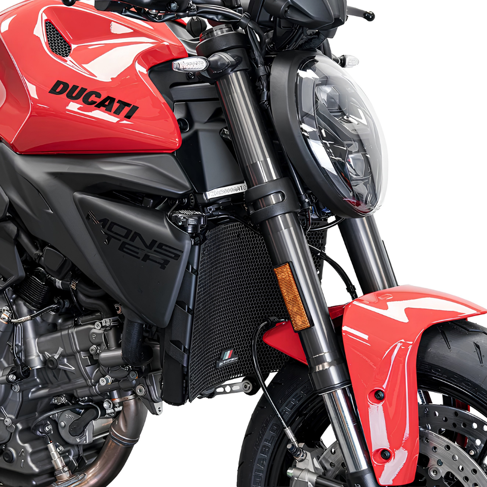 Ducati Monster V2 2026+ radiator guard with Evotech T-shape logo badge