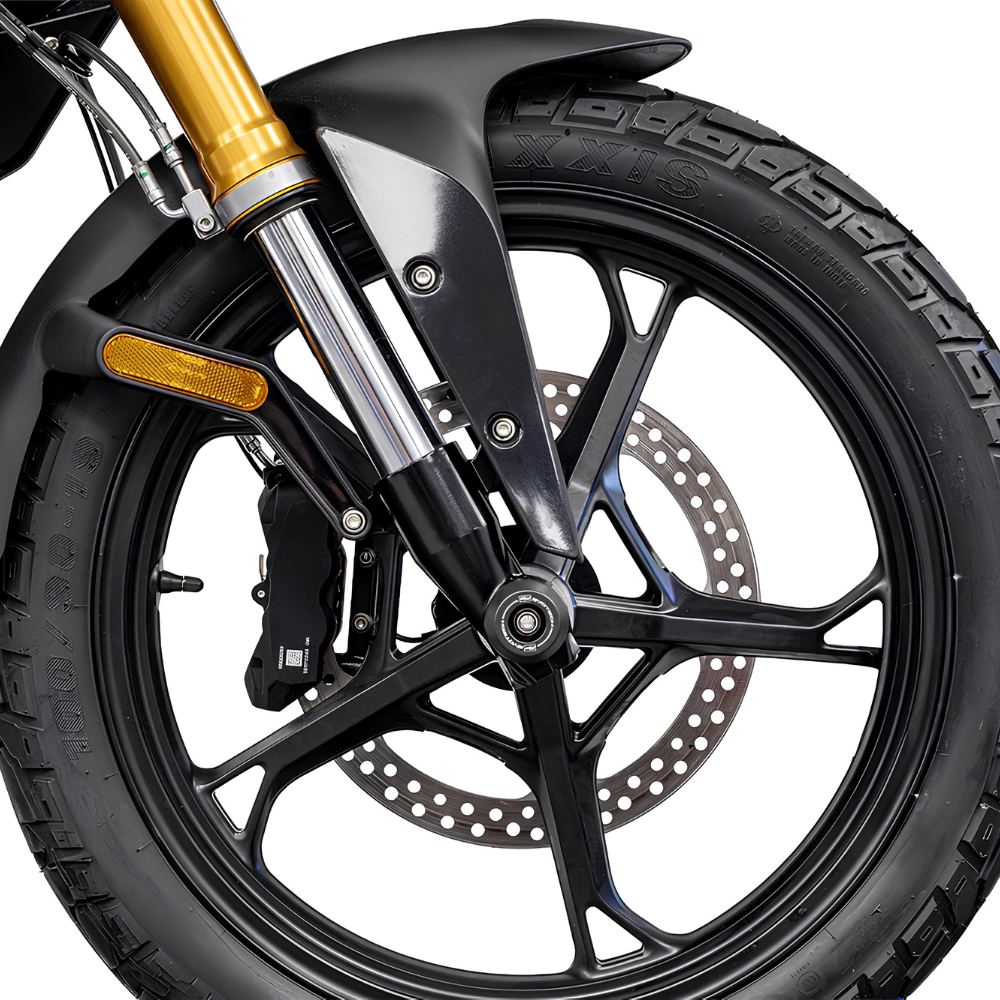 Evotech Performance Fork Slider fitted on BMW F 450 GS (2026+), front axle protection detail