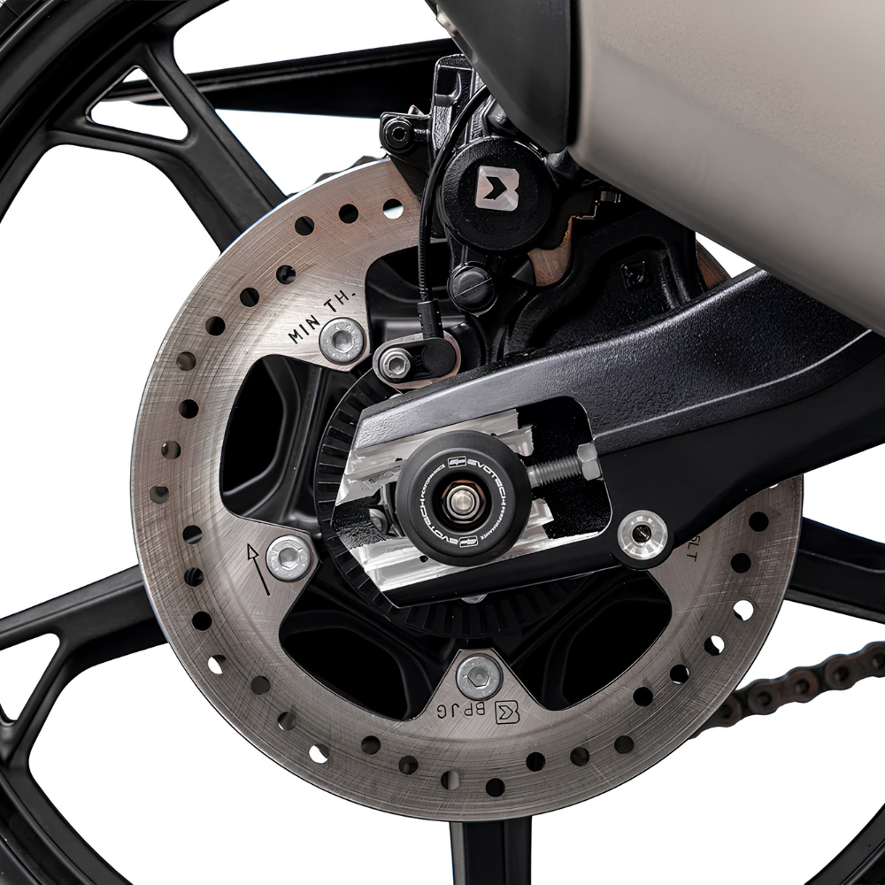 BMW F 450 GS (2026+) rear spindle bobbins by Evotech Performance showing protective axle-mounted design