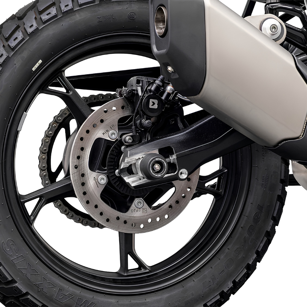 Evotech Performance rear spindle bobbins for BMW F 450 GS (2026+) close-up of rear wheel protection