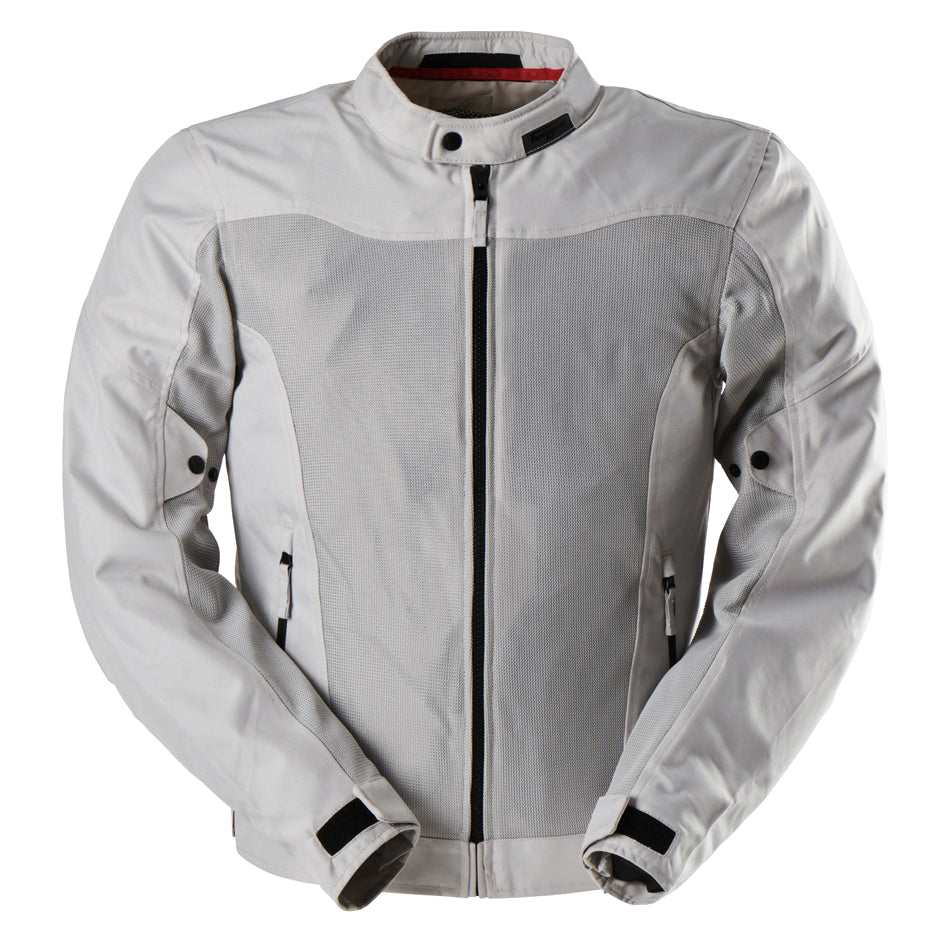 Gray motorcycle jacket with black accents on a white background