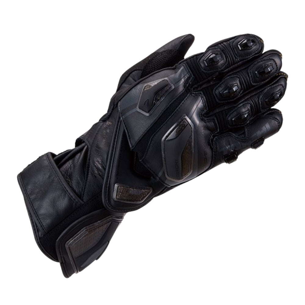 Pair of black leather gloves on a white background
