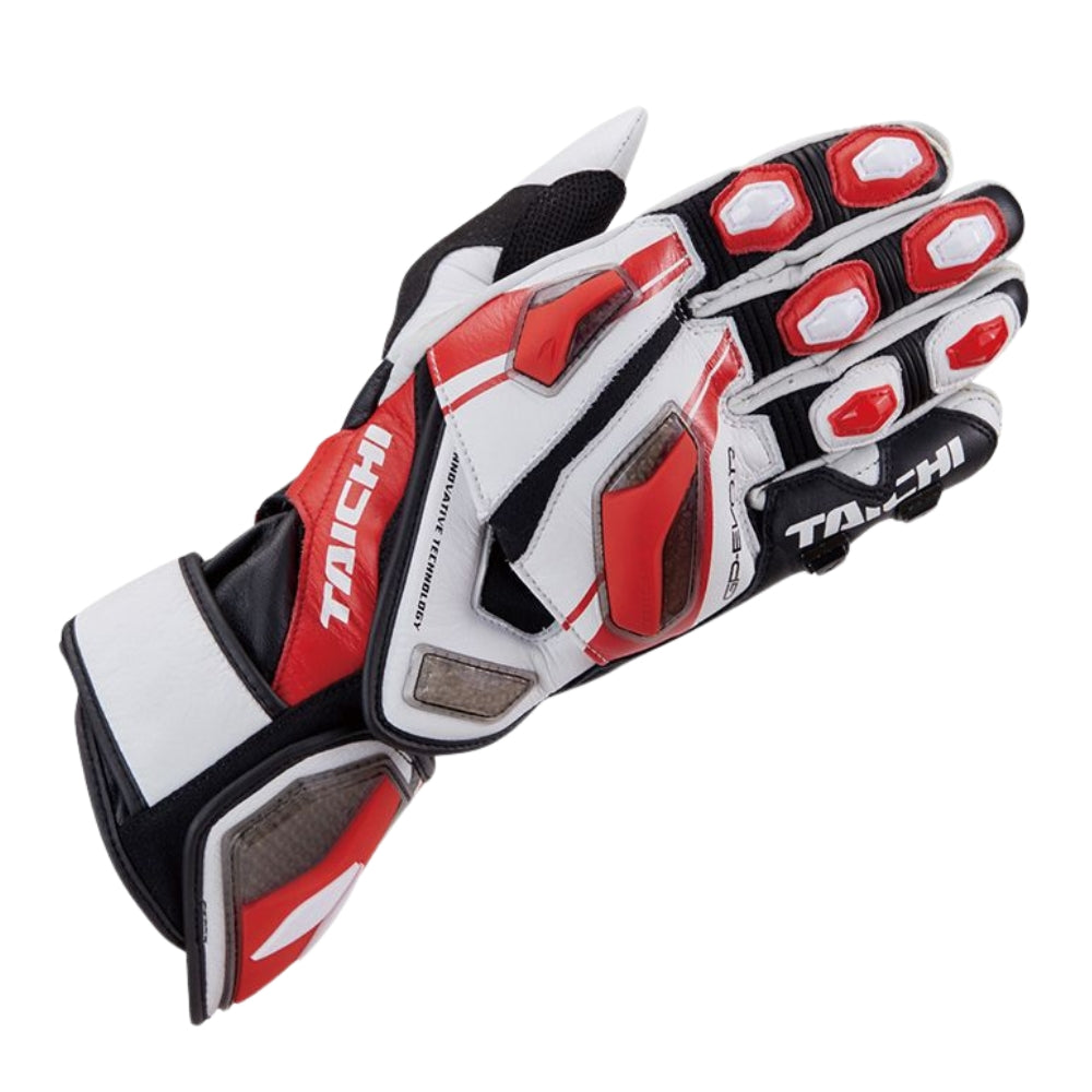 Red, white, and black motorcycle glove with 'Taichi' branding on a white background