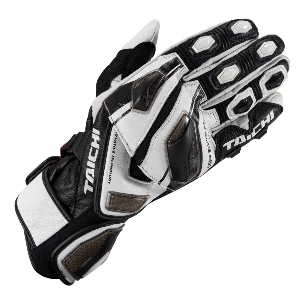 Black and white motorcycle glove with 'Taichi' branding on a white background