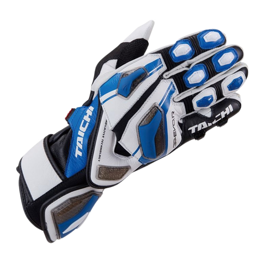 Motorcycle glove with blue and black accents on a white background