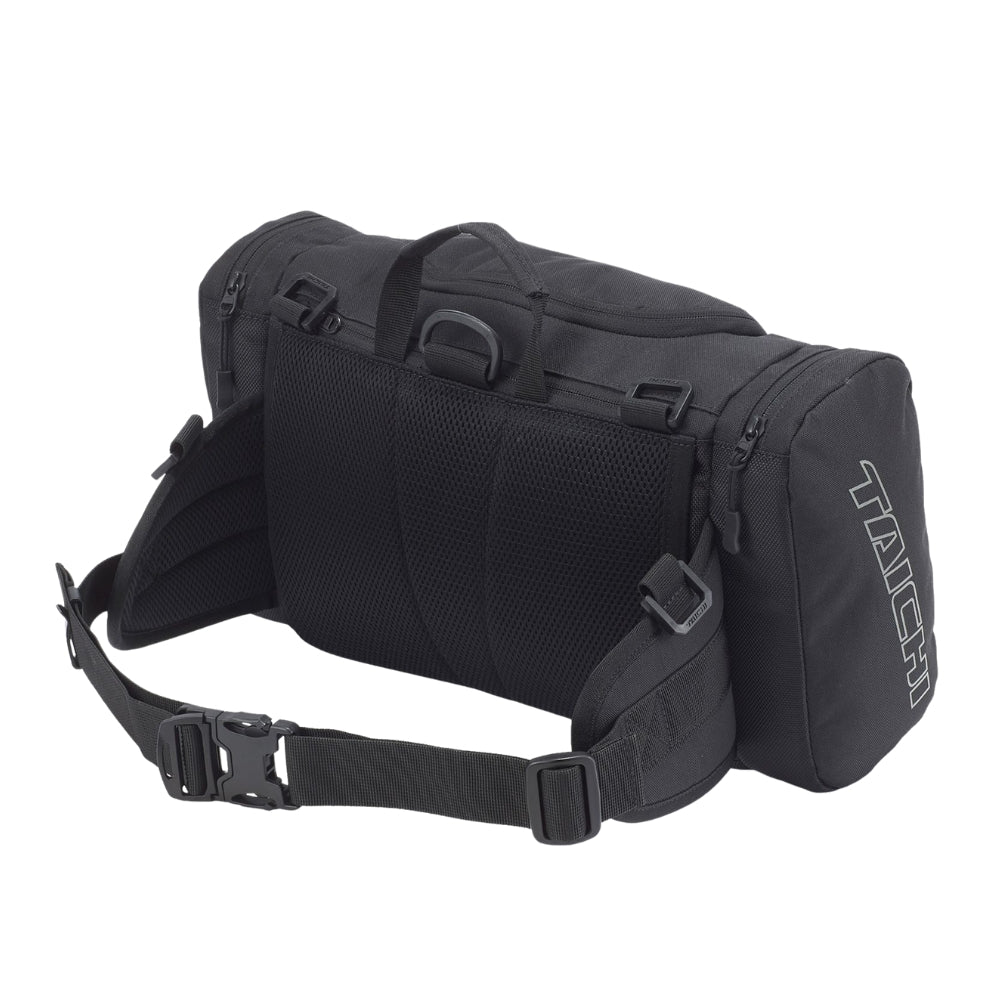 Black backpack with a visible brand logo on a white background