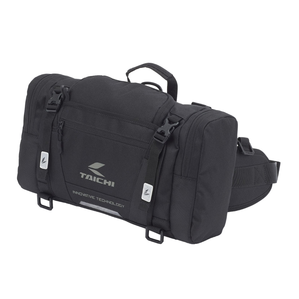 Black duffel bag with 'Taichi' branding on a white background