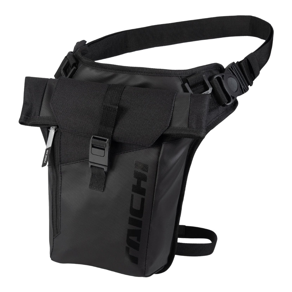 Black waist bag with a strap on a white background