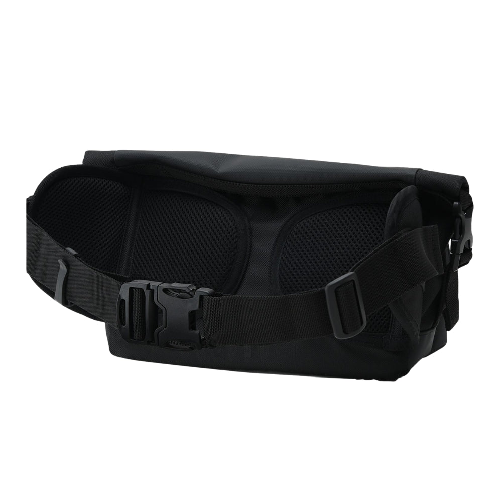 Black waist bag with a buckle on a white background