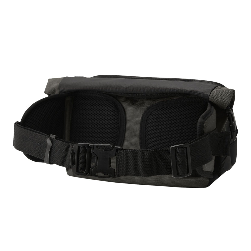 Black waist bag with mesh pockets on a white background