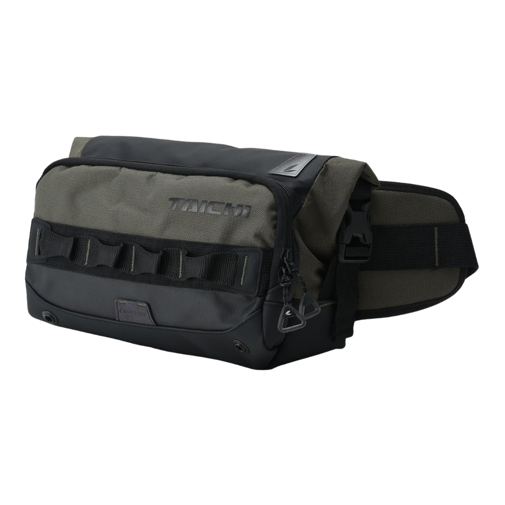 Black and gray waist bag with a visible brand logo on a white background