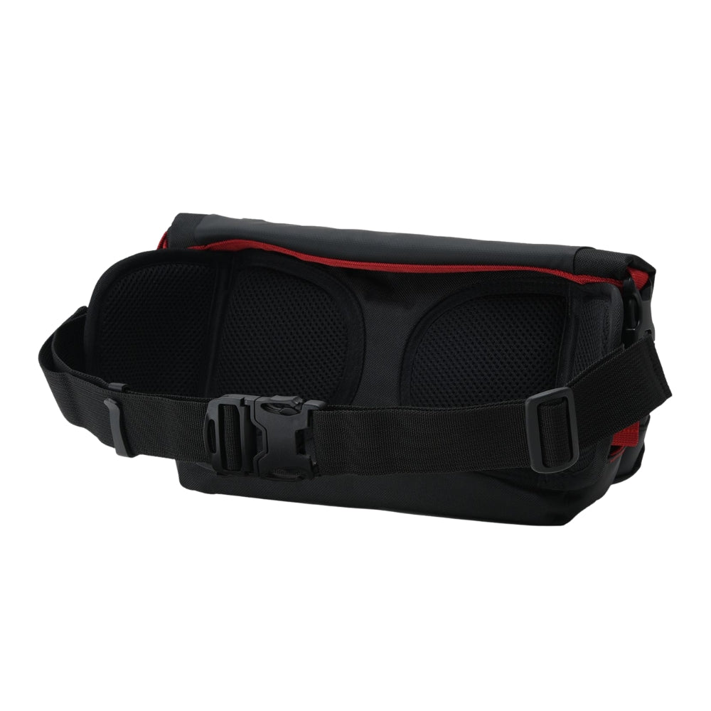 Black waist bag with red interior on a white background