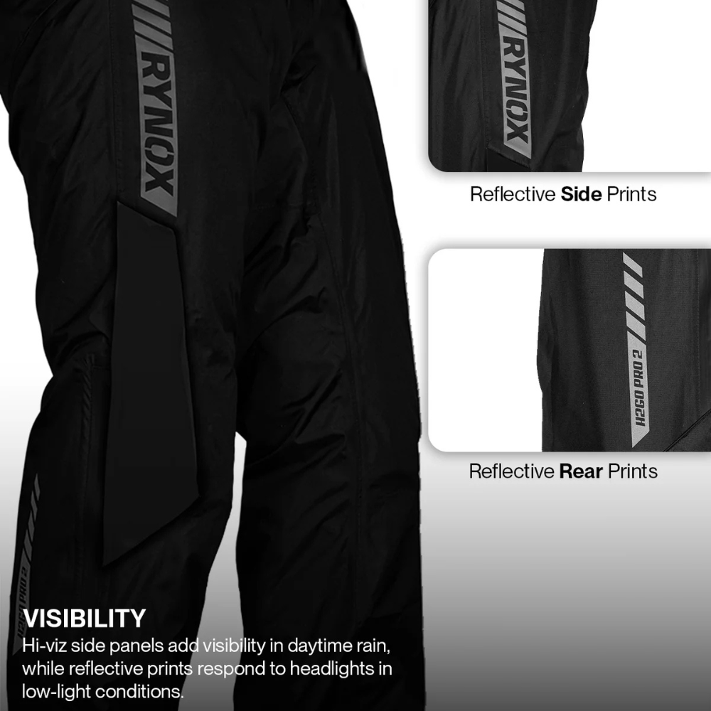 Black Rynox snowmobile pants with reflective side and rear prints, shown with close-up inset views and text explaining visibility features.