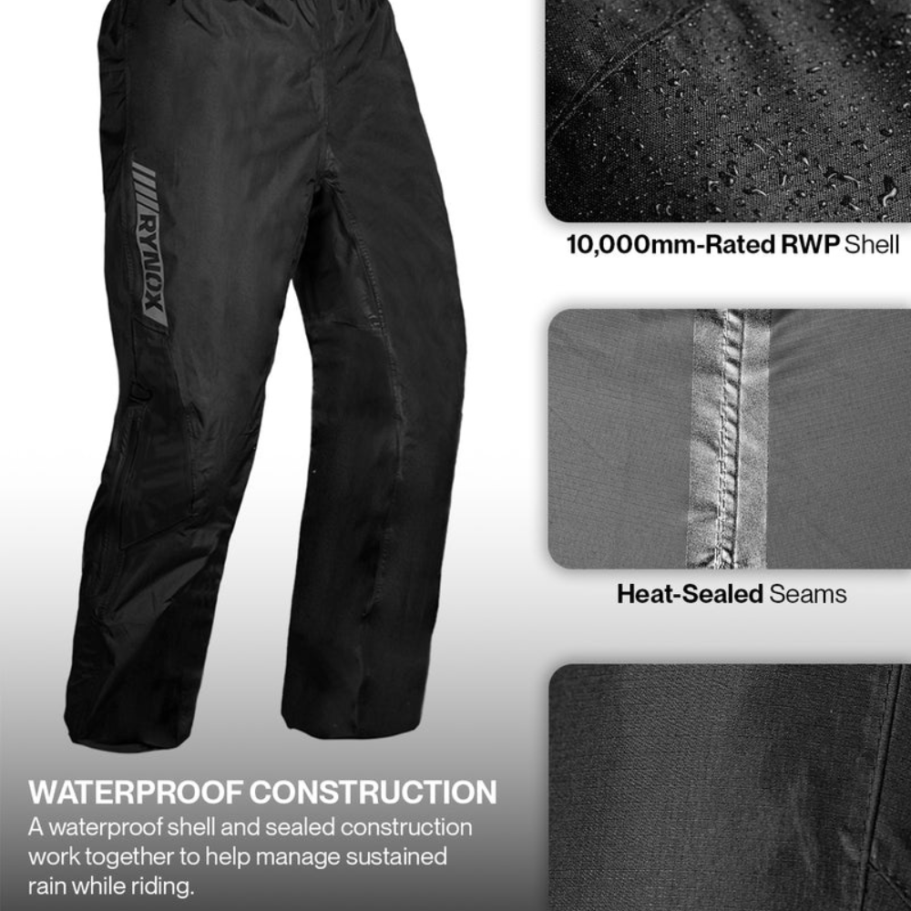 Black Raynox waterproof riding pants shown on a white background with feature callout panels highlighting a 10,000mm-rated RWP shell, heat-sealed seams, and waterproof construction.