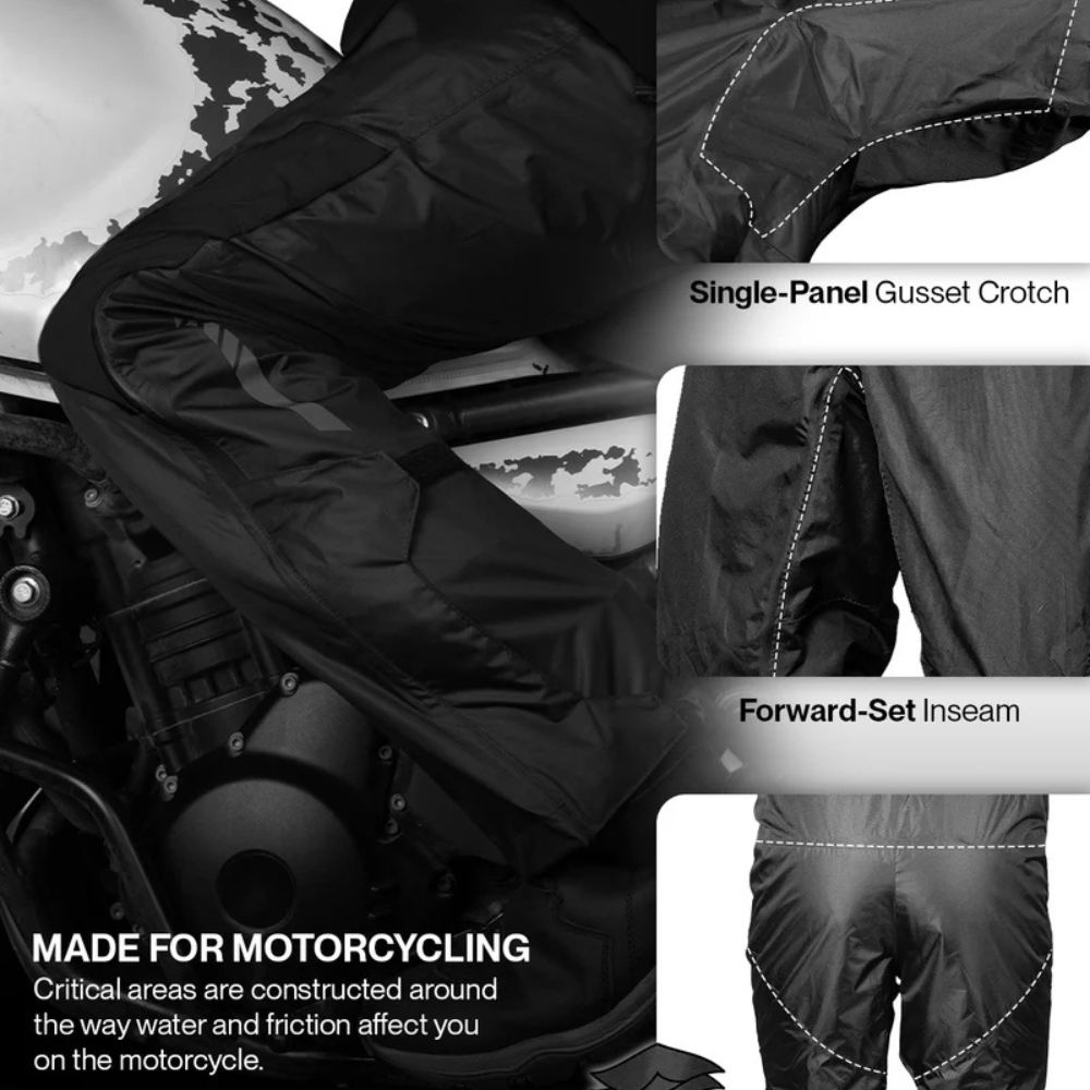 Black motorcycle riding pants with inset detail panels showing the single-panel gusset crotch and forward-set inseam construction, plus text noting they are made for motorcycle use.