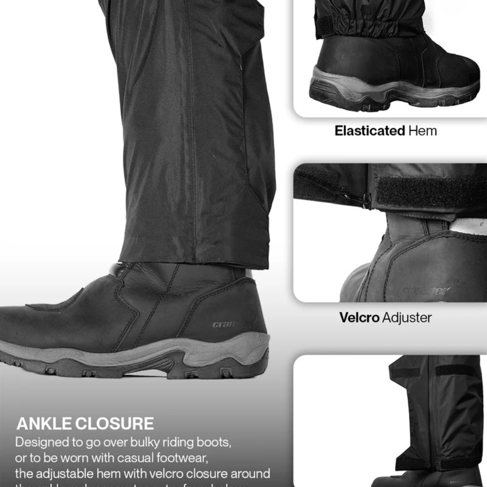 Black ankle-length riding pants shown on a model's lower leg, paired with a black riding boot. The image includes three inset detail panels labeled 'Elasticated Hem,' 'Velcro Adjuster,' and 'ANKLE CLOSURE,' explaining the adjustable hem design.