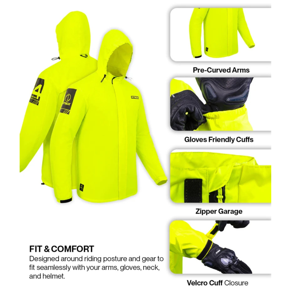 Bright neon yellow riding jacket shown on a white background with inset feature callouts: pre-curved arms, gloves-friendly cuffs, zipper garage, and velcro cuff closure. Text on the left describes fit and comfort around riding posture and gear.