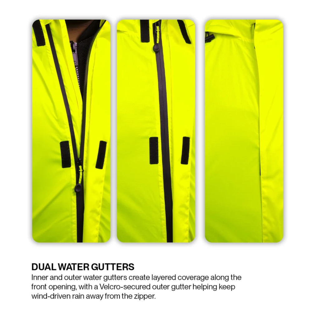 Three close-up panels of a bright neon yellow waterproof jacket showing the front zipper and water gutter details, with explanatory text below reading 'DUAL WATER GUTTERS'.