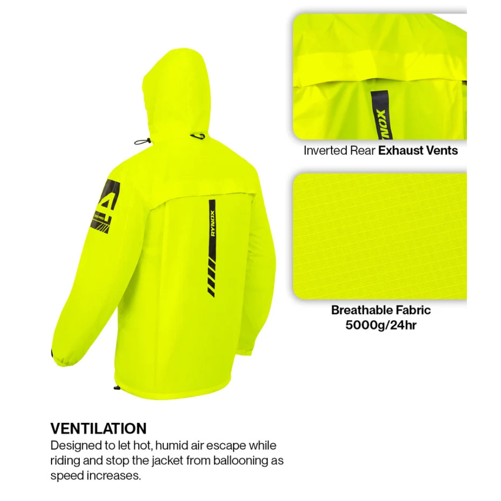 Bright neon yellow hooded jacket shown from the back on a white background, with two inset detail panels labeled 'Inverted Rear Exhaust Vents' and 'Breathable Fabric 5000g/24hr,' plus text describing ventilation.