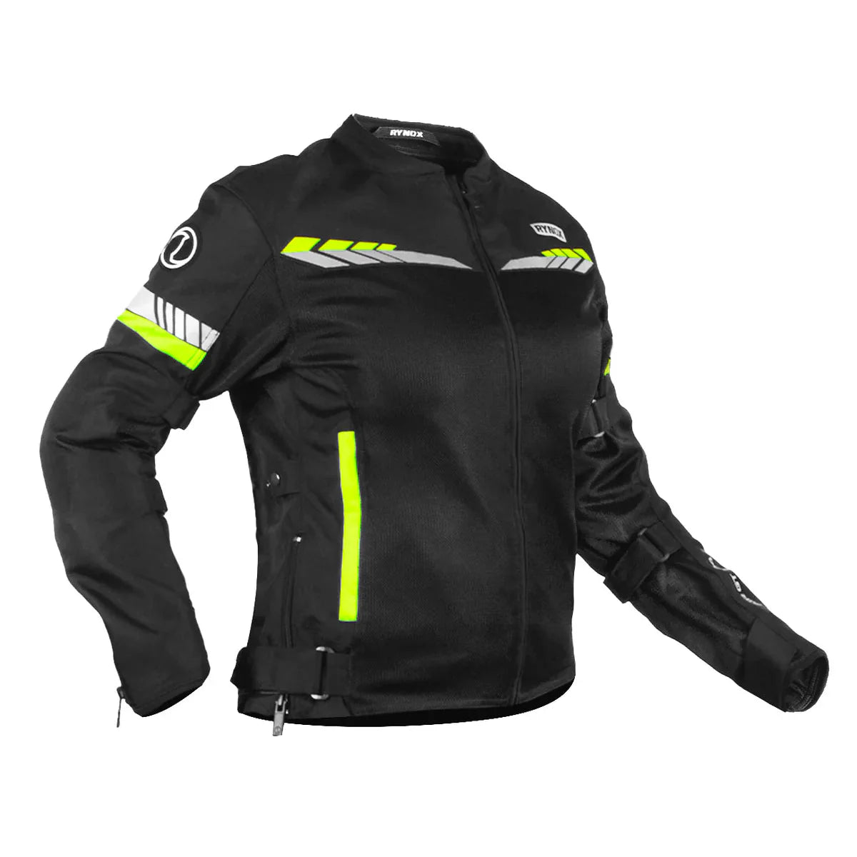 Black motorcycle jacket with neon green accents on a white background  - Black Hi-Viz Green