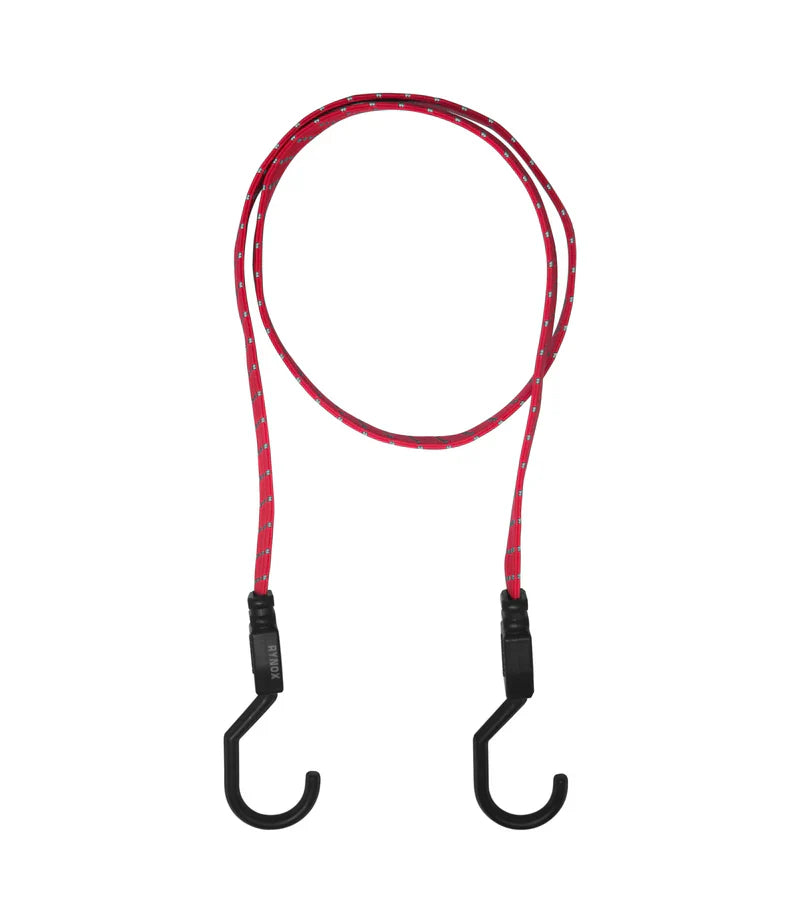 Red bungee cord with black hooks on a white background