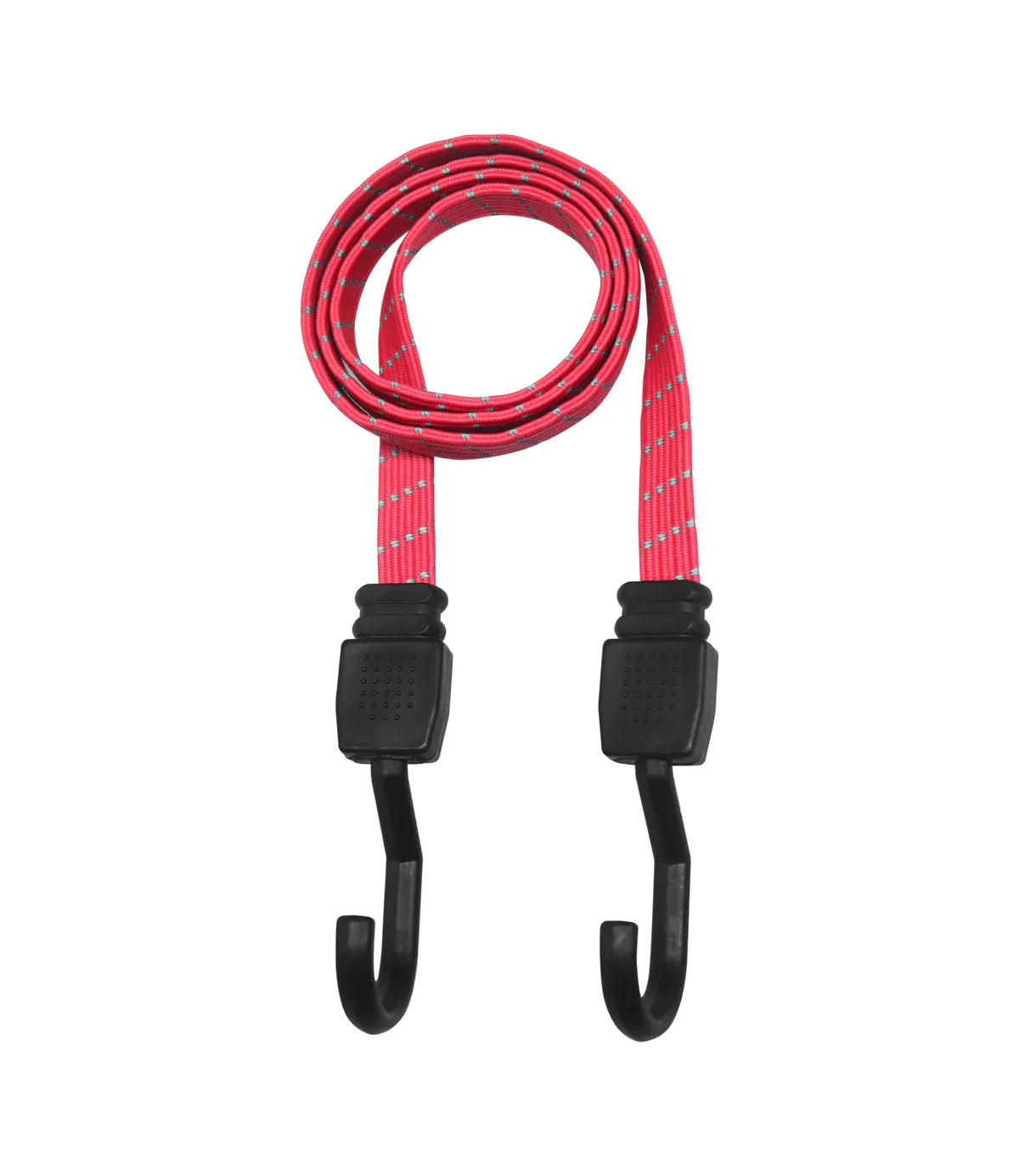 Red and black bungee cord with hooks on a white background