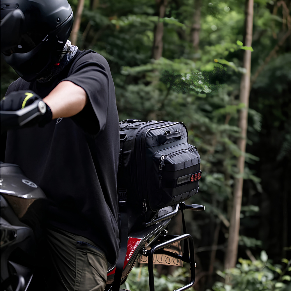 Rhinowalk MT4060 Expandable Motorcycle Tail Bag Mounted on a Motorcycle with Zippered Storage Pockets in Black | 6KIOM