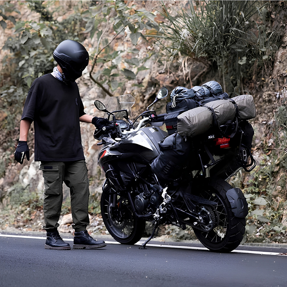 Rhinowalk Expandable Motorcycle Tail Bag 33–80L MT4060BK Loaded with Camping Gear on Adventure Motorcycle | 6KIOM