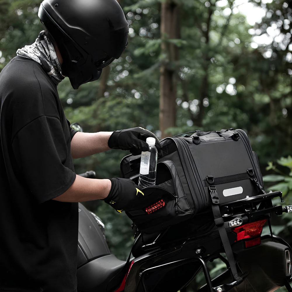Rhinowalk Expandable Motorcycle Tail Bag 33–80L MT4060BK Showing Side Pocket Storage Access on a Motorcycle | 6KIOM