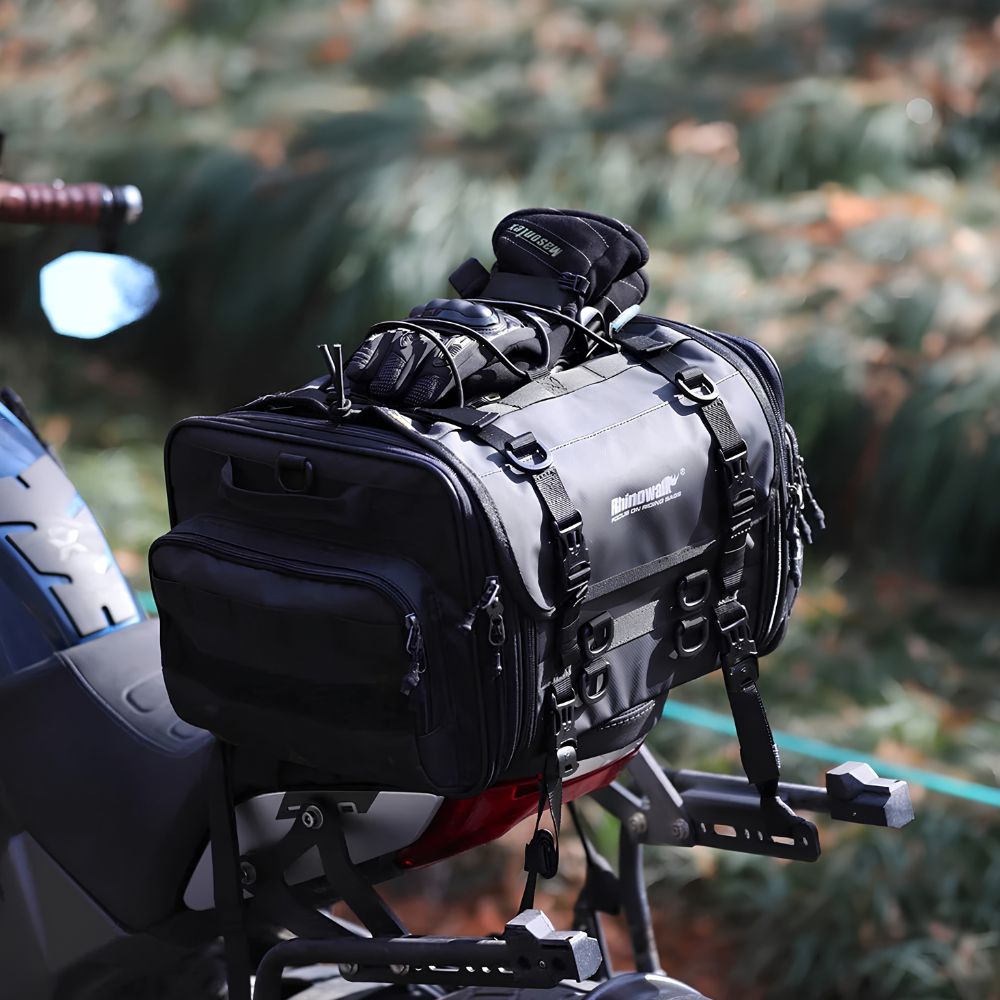 Rhinowalk Expandable Motorcycle Tail Bag 33–80L MT4060BK Loaded with Camping Gear on Adventure Motorcycle | 6KIOM