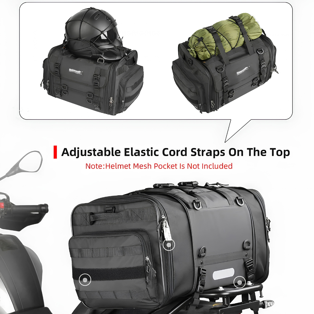 Rhinowalk Expandable Motorcycle Tail Bag 33–80L Black Bag Showing Expanded Storage Capacity and Adjustable Compression Straps | 6KIOM