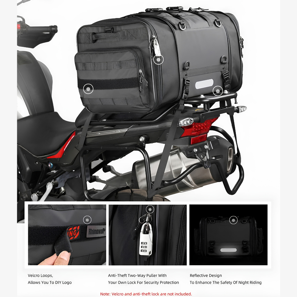Rhinowalk MT4060BK Expandable Motorcycle Tail Bag with adjustable top elastic cords securing a helmet and extra luggage | 6KIOM