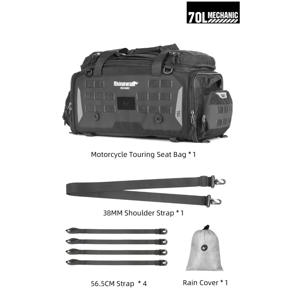 Black Rainwolf Motorcycle Touring Seat Bag with included accessories: a 38mm shoulder strap, four 56.5cm adjustment straps, and a rain cover, displayed on a white background with descriptive text and a 701 Mechanic logo.