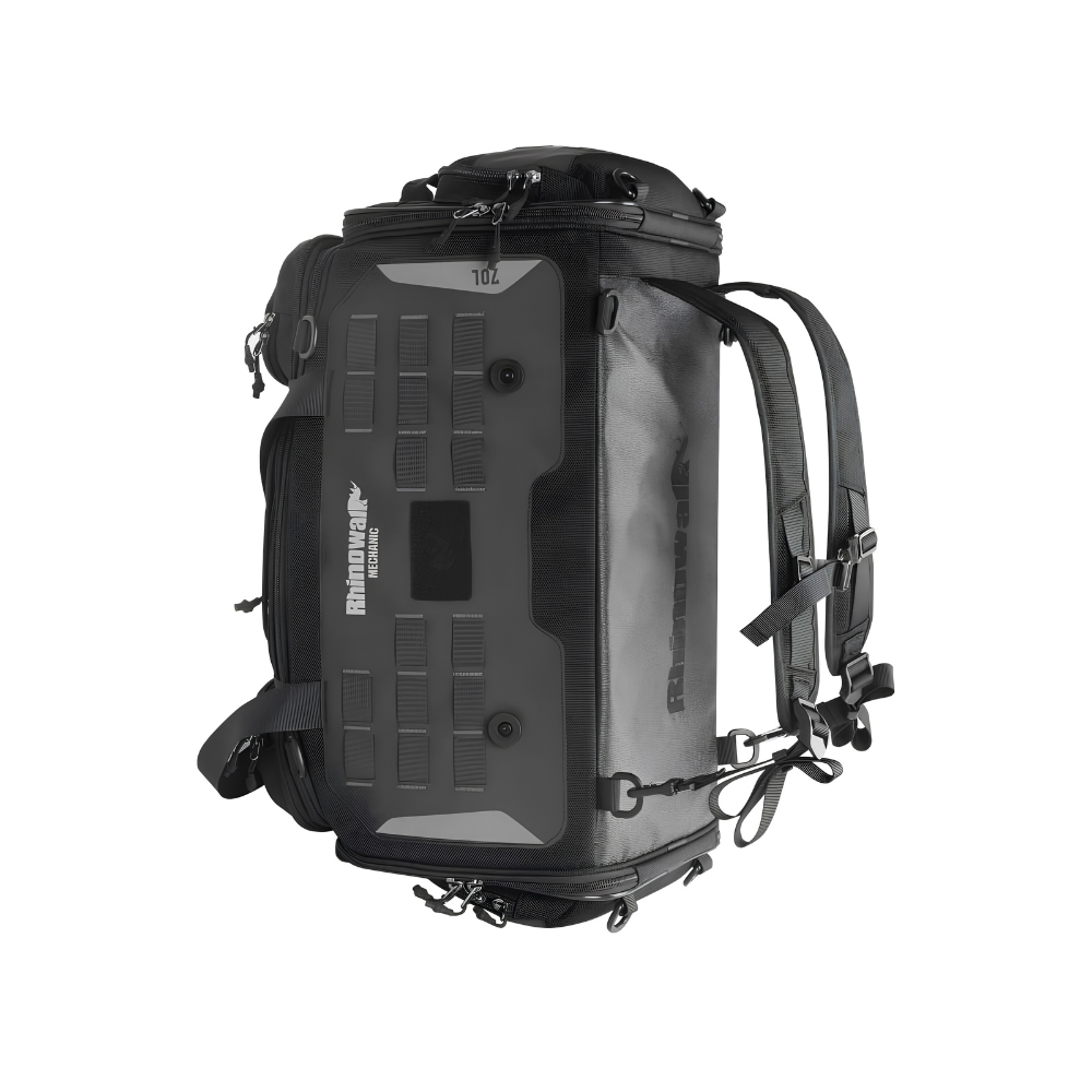 Rhinowalk 50–70L motorcycle seat bag with four-point mounting system