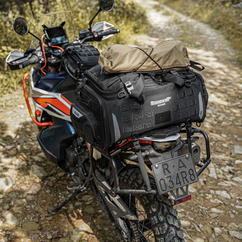 Rhinowalk 50–70L touring seat bag with multiple carry options